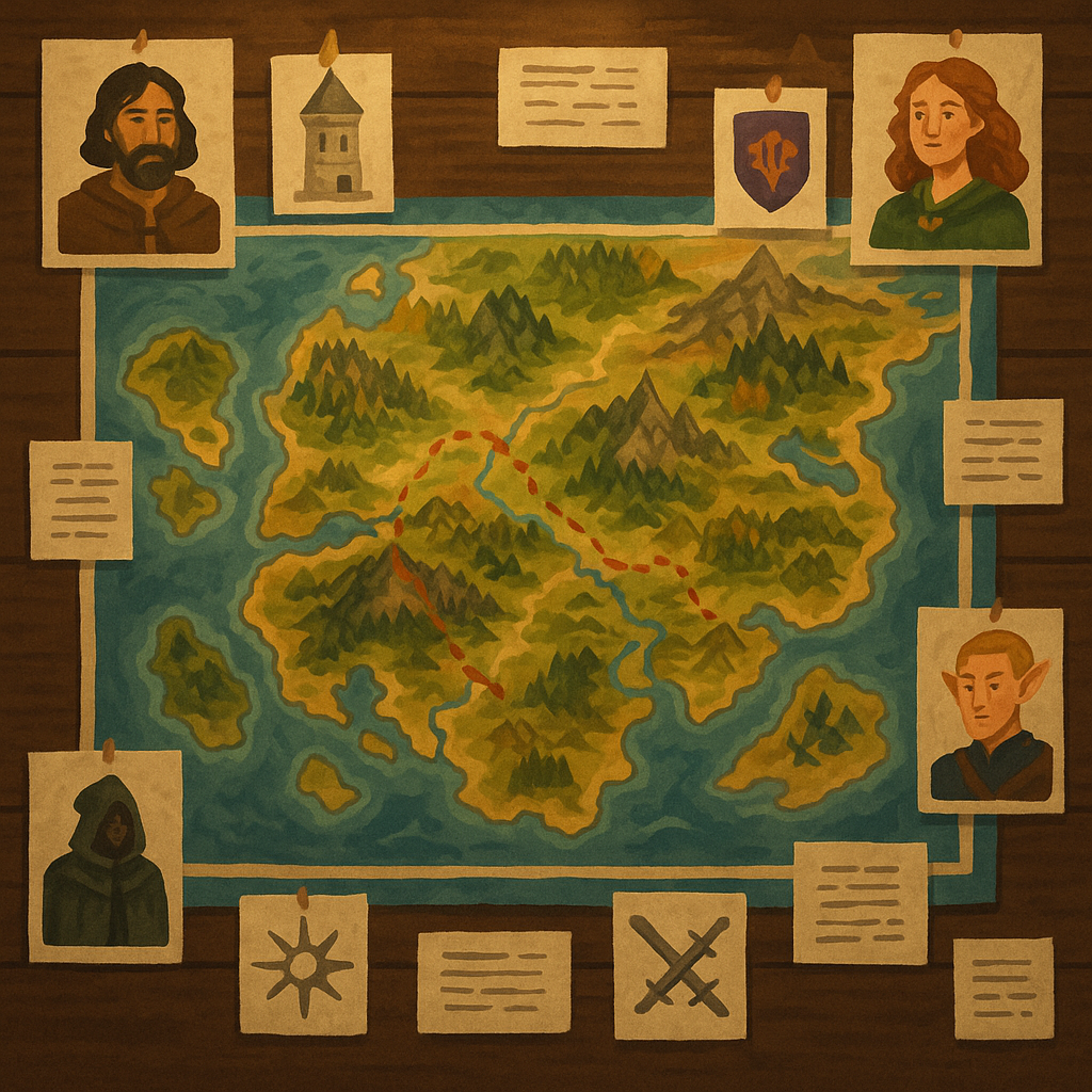 A fantasy world map surrounded by character sheets, faction sketches, and lore notes for a game in development