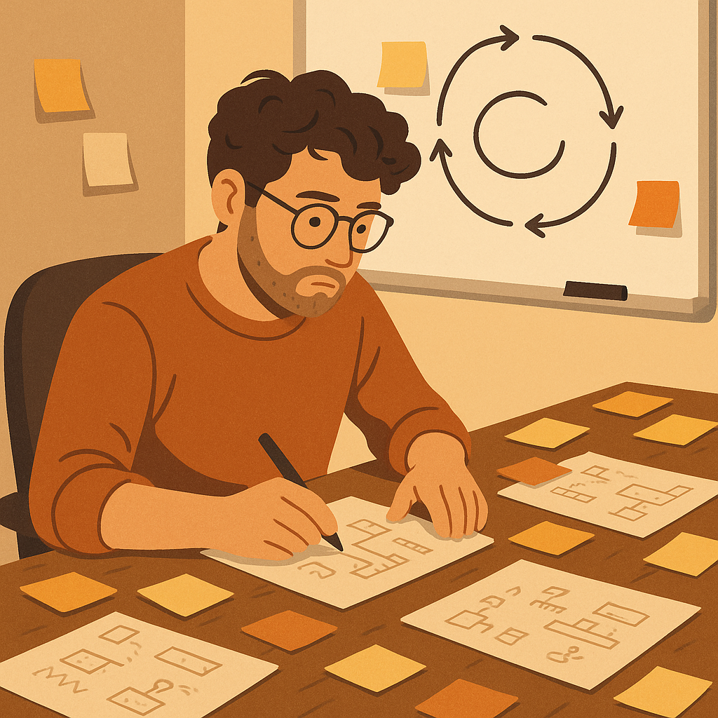 A game developer sketching out a core gameplay loop on a whiteboard surrounded by sticky notes and concept sketches