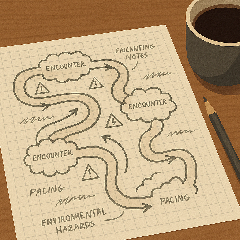 A hand-drawn level design map on grid paper with annotated encounter zones and pacing notes