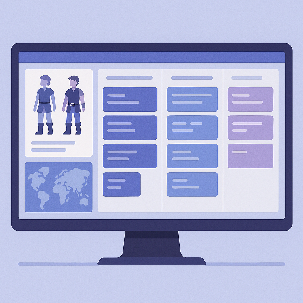 A game development project dashboard showing kanban boards, character sheets, and world building tools in a unified workspace